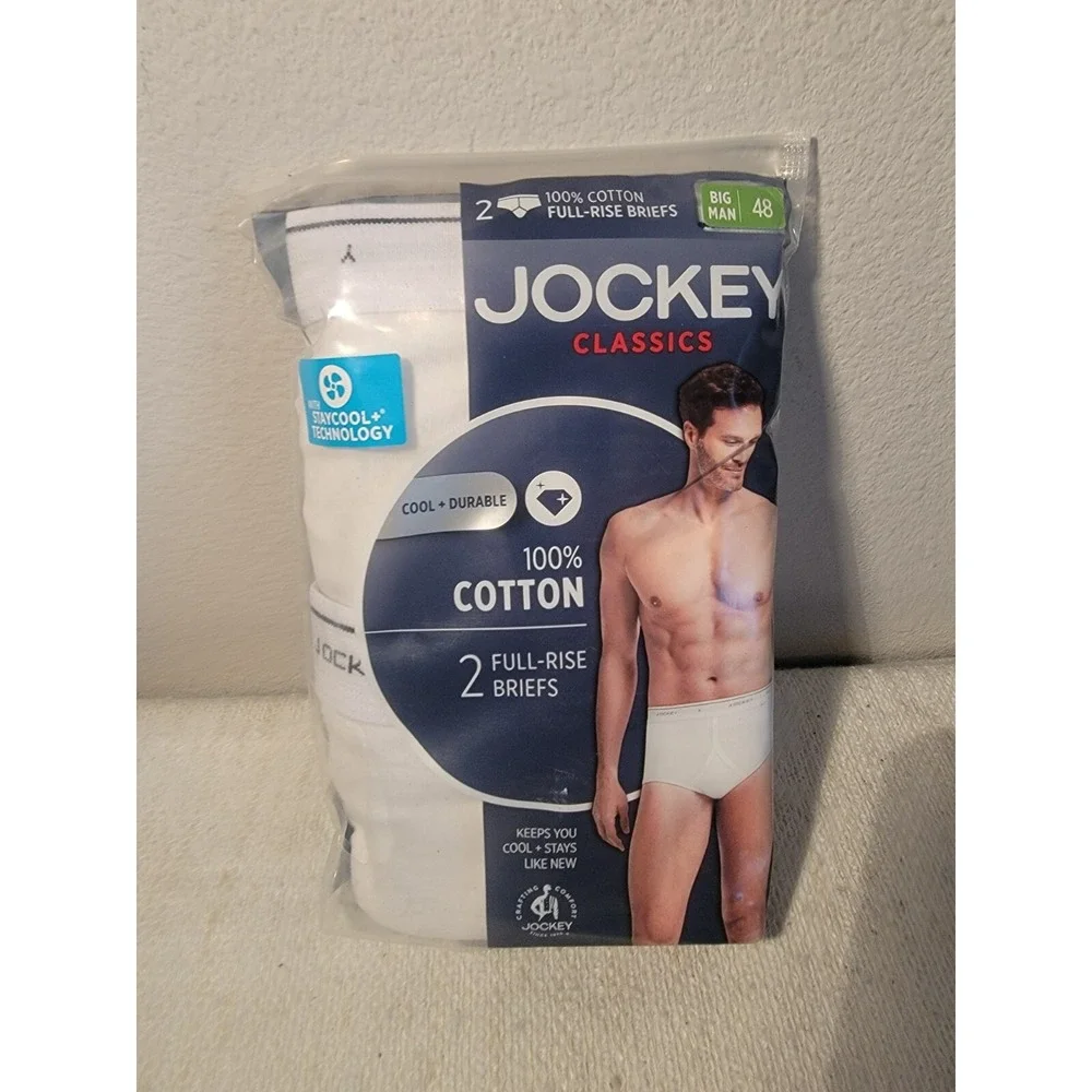 Jockey Classics BIG MAN 2 Pc Pack Full Rise Briefs Size 48 White 100% Cotton NEW